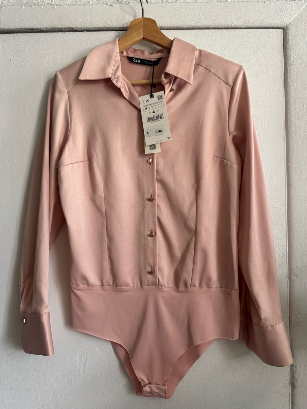 Zara Blush Pink Long-Sleeve Button-Down Bodysuit Shirt